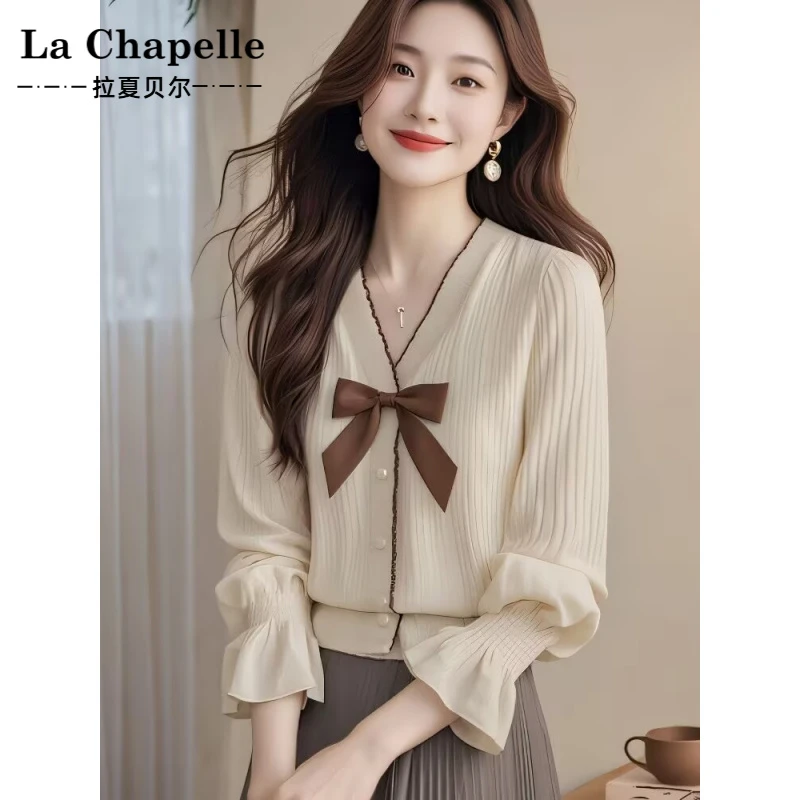 拉夏贝尔小香风针织衫v领蝴蝶结设计感通勤洋气时尚长袖秋季新款
