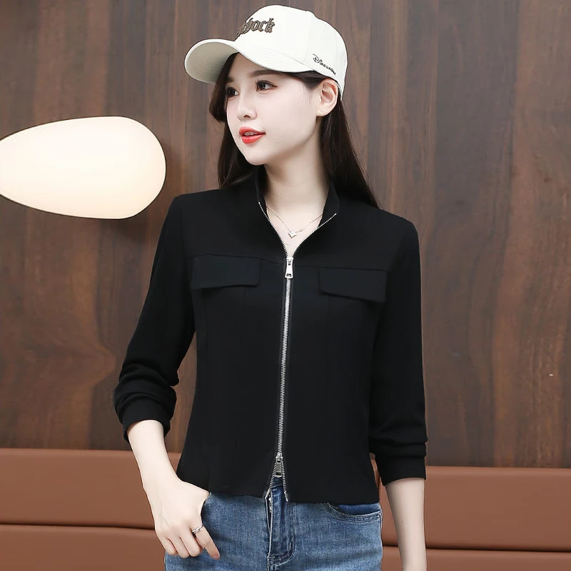 时尚气质polo领长袖短外套女2024年春秋季新款修身显瘦双拉链开衫