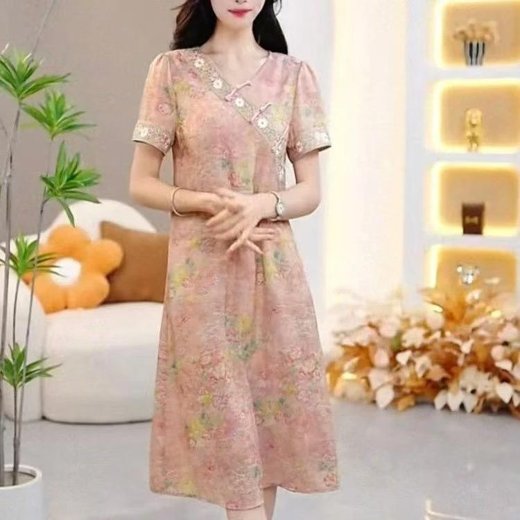 2025中国风复古中长裙中长款中老年女装大码印花修身型气质妈妈装