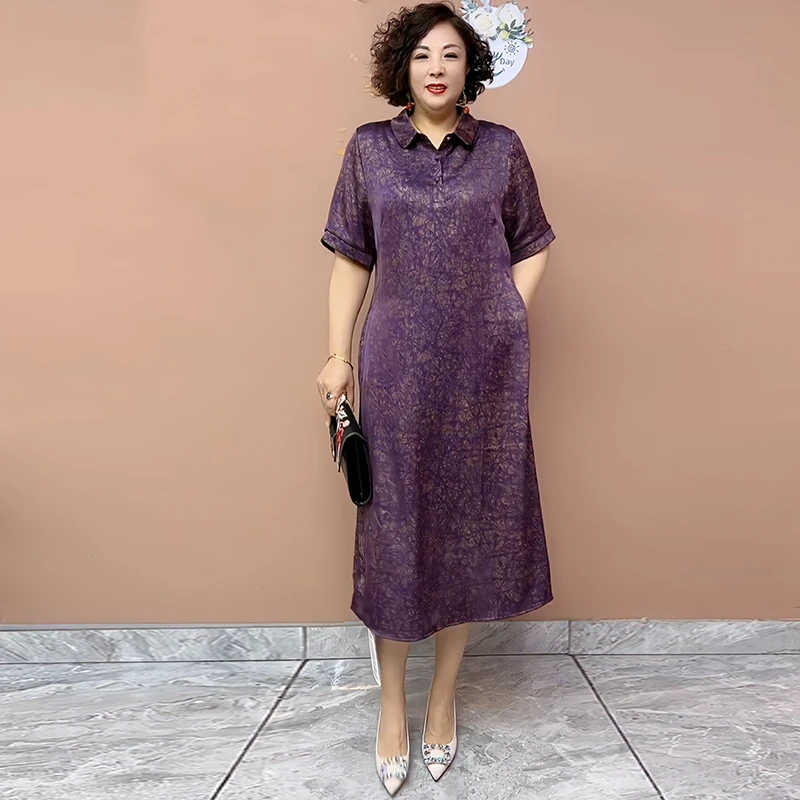新中式复古中年妈妈夏季短袖中长裙经典翻领显瘦减龄中老年连衣裙