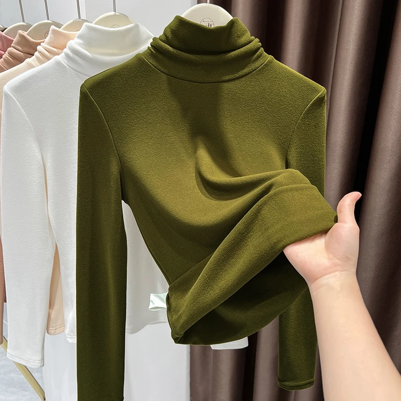 牛油果绿色女士长袖新款潮牌女装2025年冬季堆堆领德绒保暖打底衫