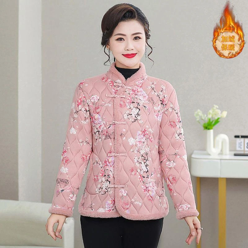 冬季加厚新款复古国风网红妈妈加绒民族风棉服外套常规款含%棉