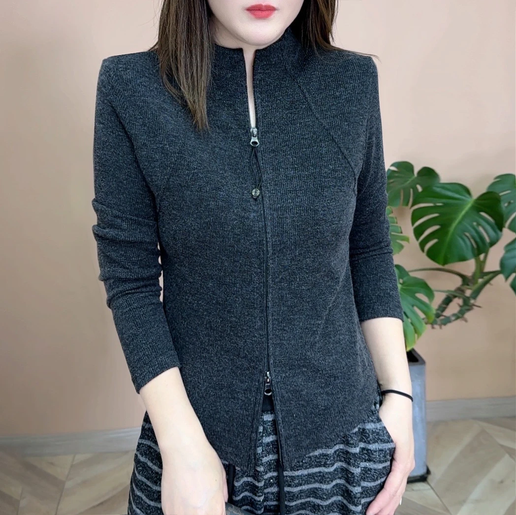 2025春季新品时尚百搭修身显瘦设计感双拉链显瘦女士长袖上衣7836