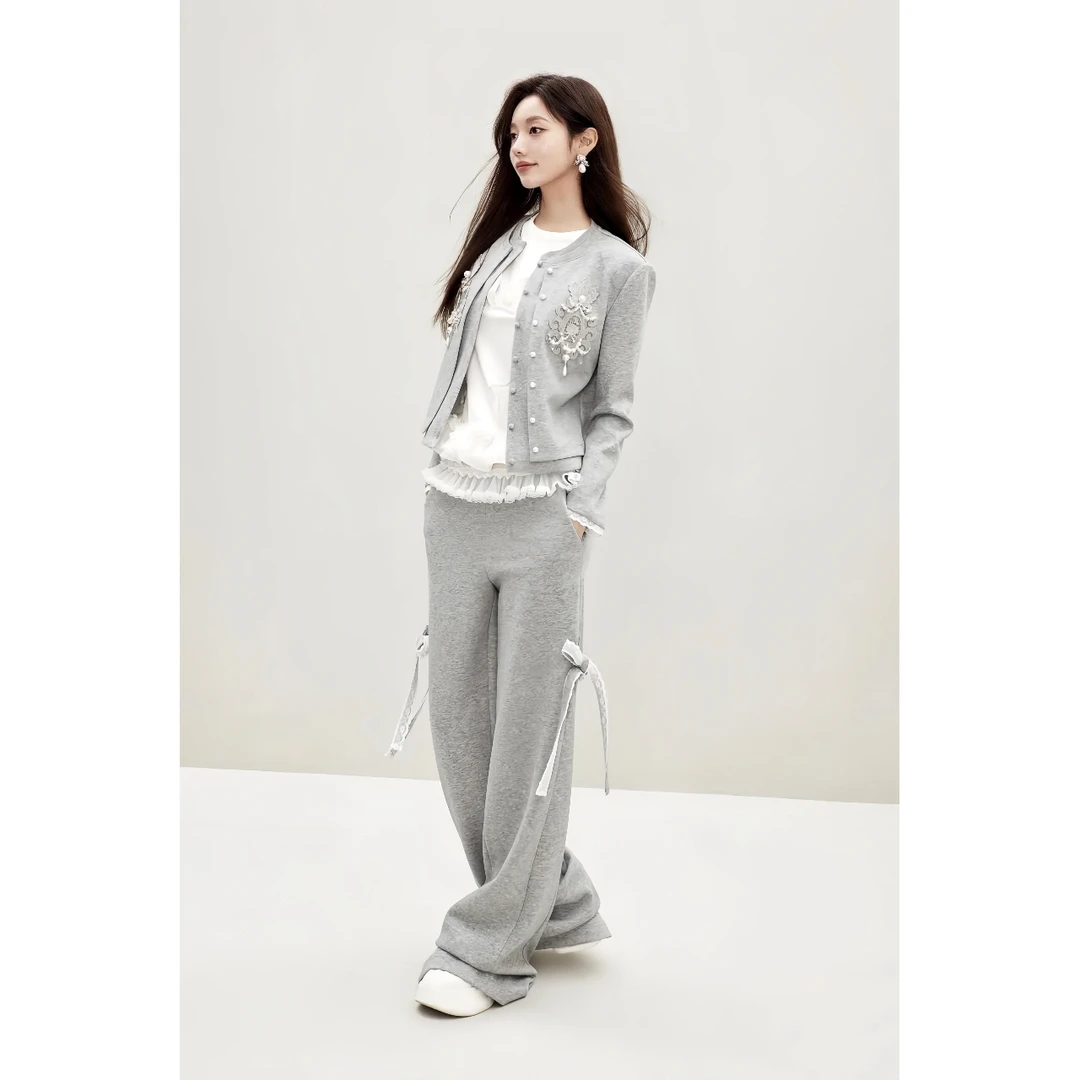 拉家2025春季时尚假两件钉珠外套/花边长裤休闲套装GBMQ68136