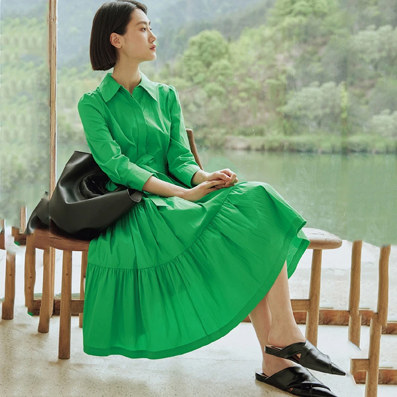 32206【依系列】纯色衬衫收腰连衣裙1I382327D