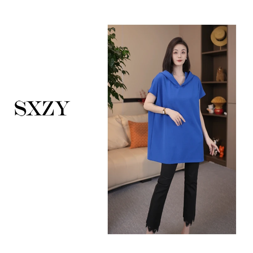 ‘sxzy’【小飞袖】夏季休闲气质百搭简约时尚显瘦高级连帽短袖T恤