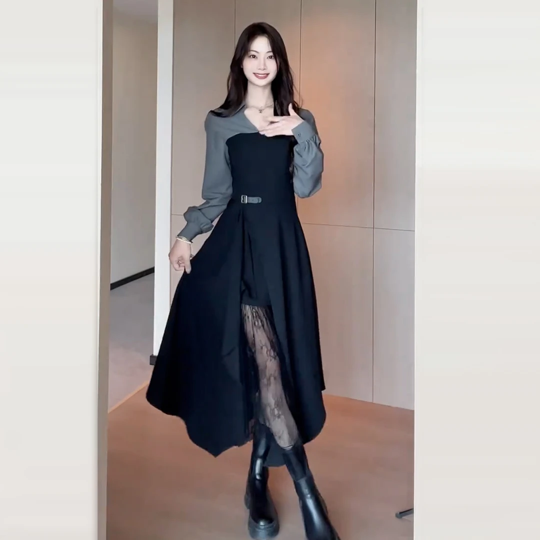 法式赫本风黑色不规则衬衫连衣裙子女早秋季洋气衣服蕾丝拼接长裙