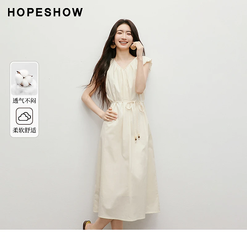 红袖2025夏季新款女装系带插肩直身V领套头过膝连衣裙90125161604