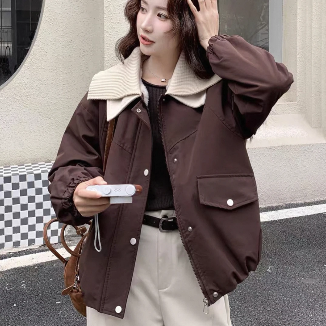 8893衣55冬新款加厚洋气短外套设计翻领小个子宽松休闲夹克上衣