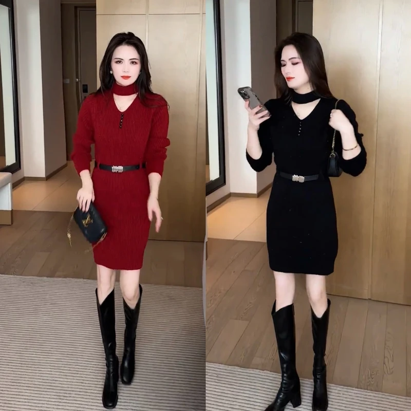 女装针织显瘦修身长袖连衣裙A字裙裙子秋季中长款秋冬小香风名媛