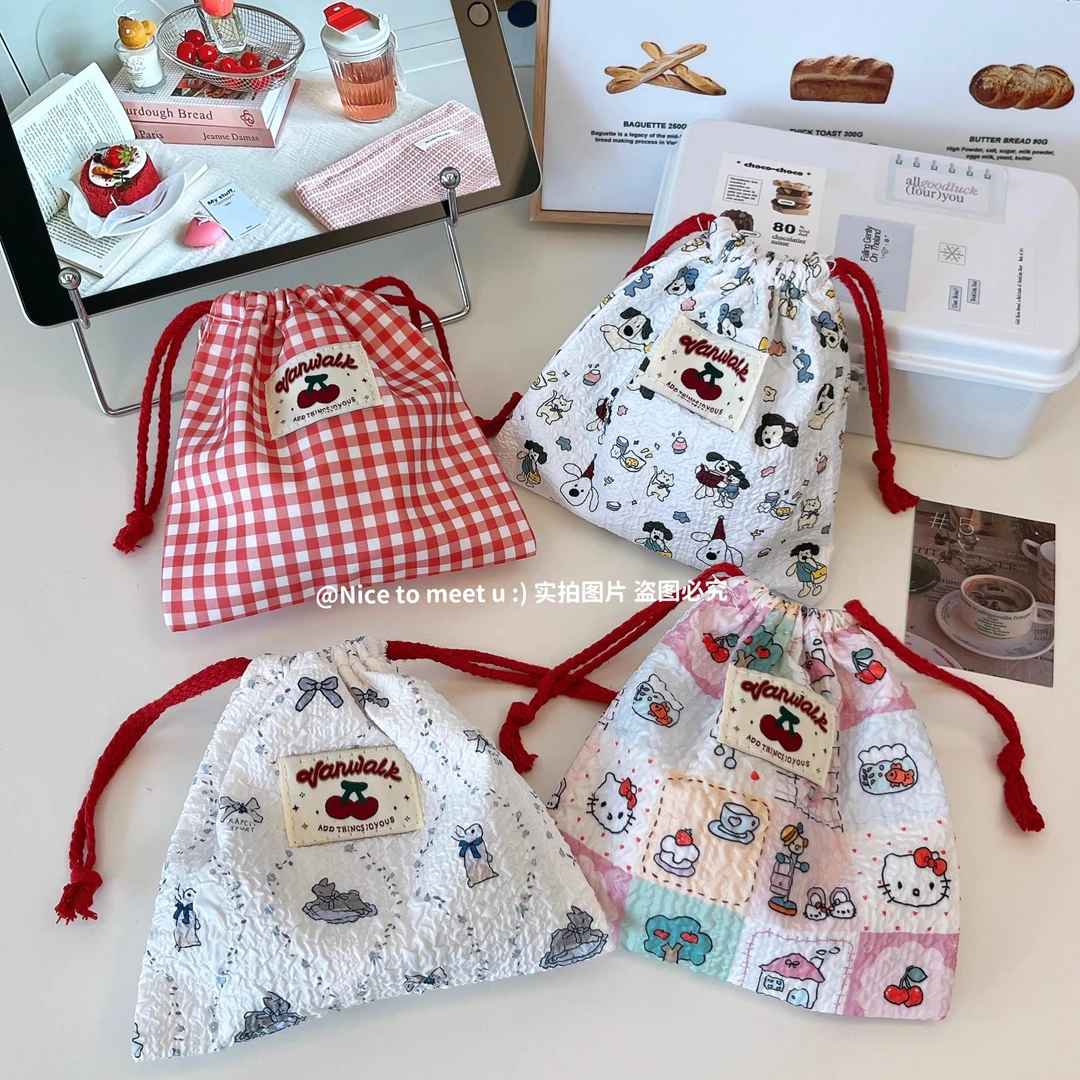 奶里奶气ins可爱狗狗樱桃棉布抽绳束口袋发泡收纳袋外出杂物小包