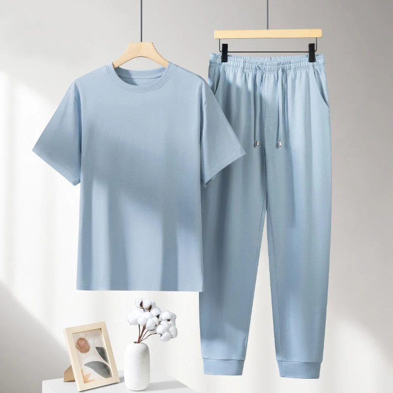纯棉睡衣睡裤男士夏季薄款透气圆领休闲运动时尚家居服套装男款潮