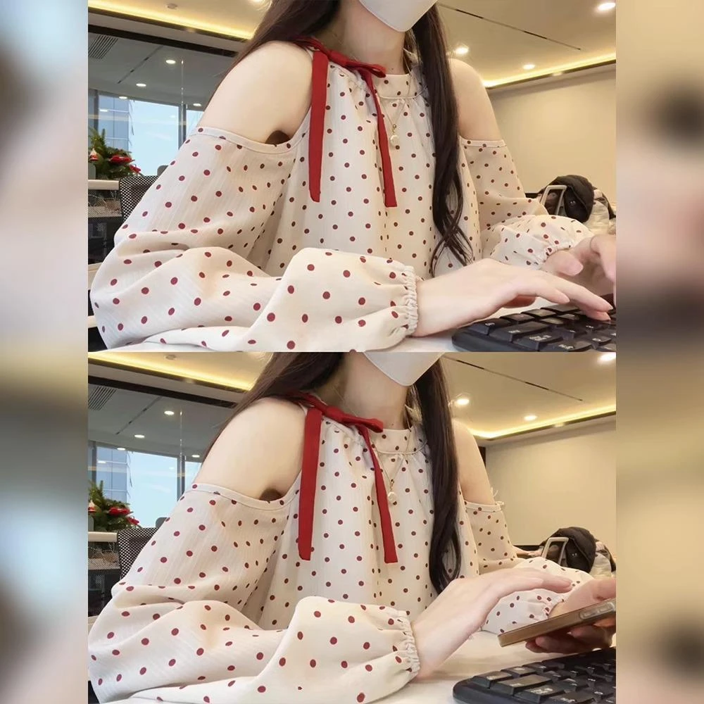 蝴蝶结露肩波点衬衫女高级感轻奢减龄春季流行穿搭上衣设计感小众