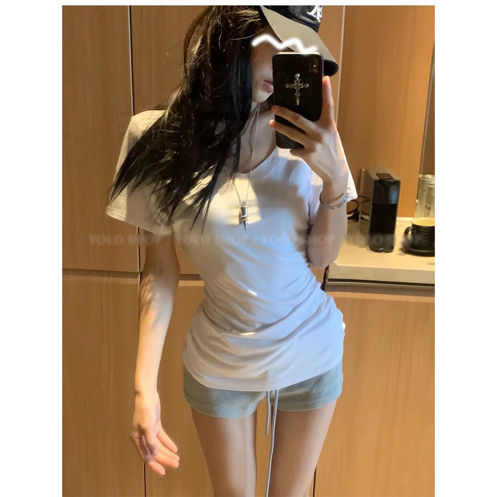 美式V领正肩短袖t恤女夏季辣妹性感显瘦修身收腰设计感打底上衣