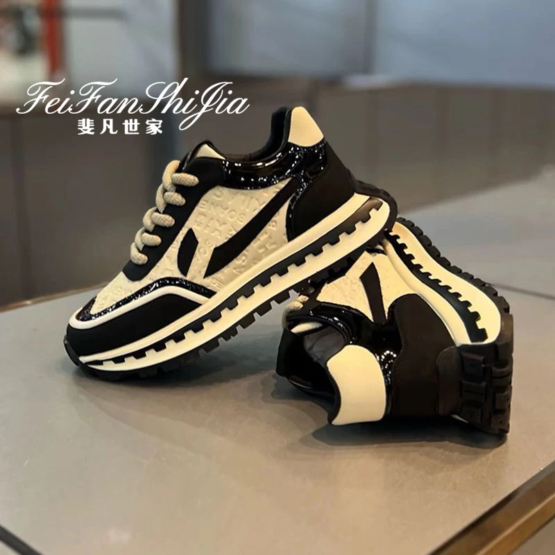 鞋子男款老爹2025秋季新款皮面压花软底运动鞋潮流拼色韩版休闲鞋