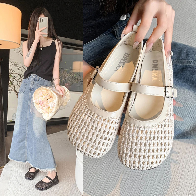 平底镂空编织浅口单鞋女夏季新款透气百搭软底玛丽珍鞋凉鞋女外穿