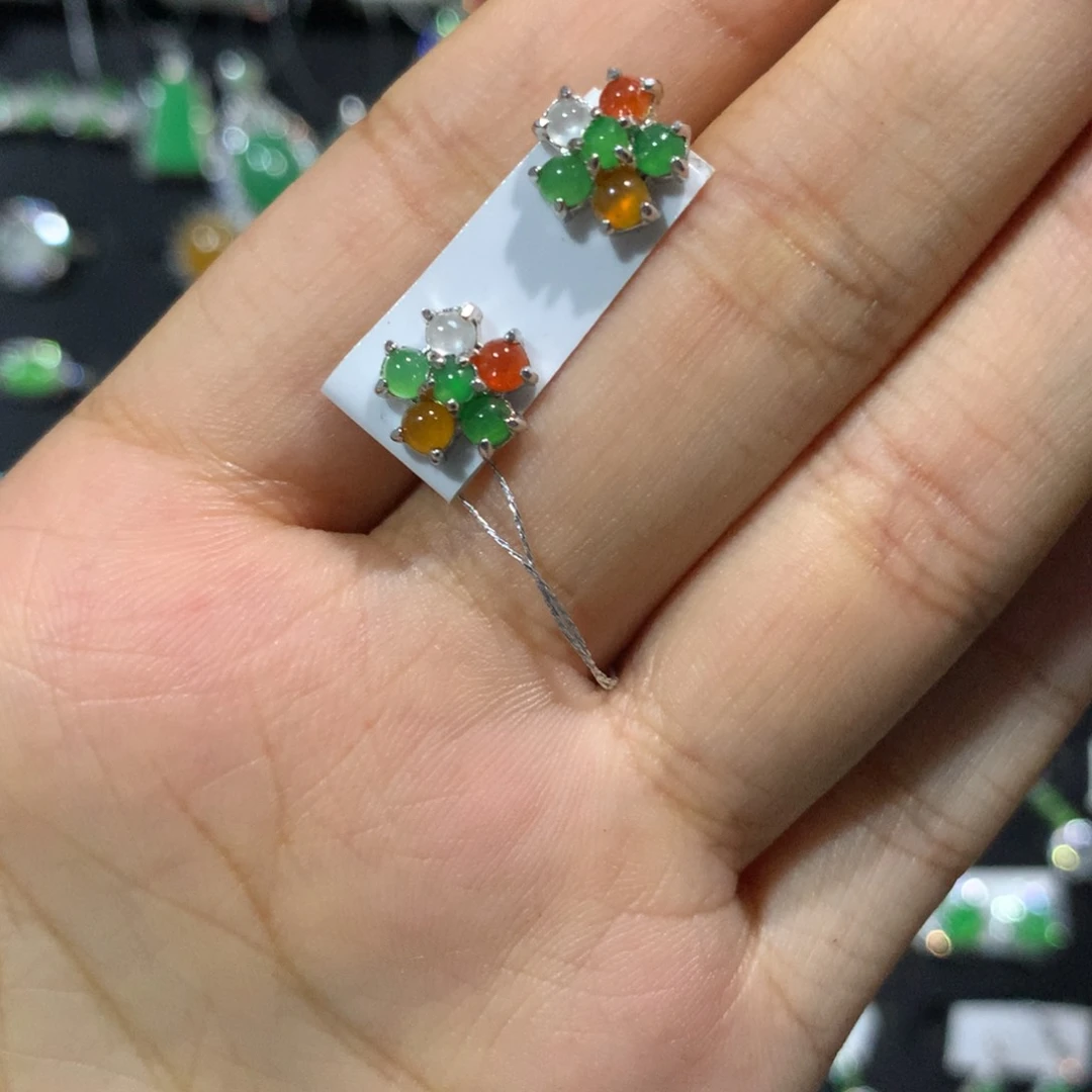 翡翠戒指银S925镶嵌耳钉