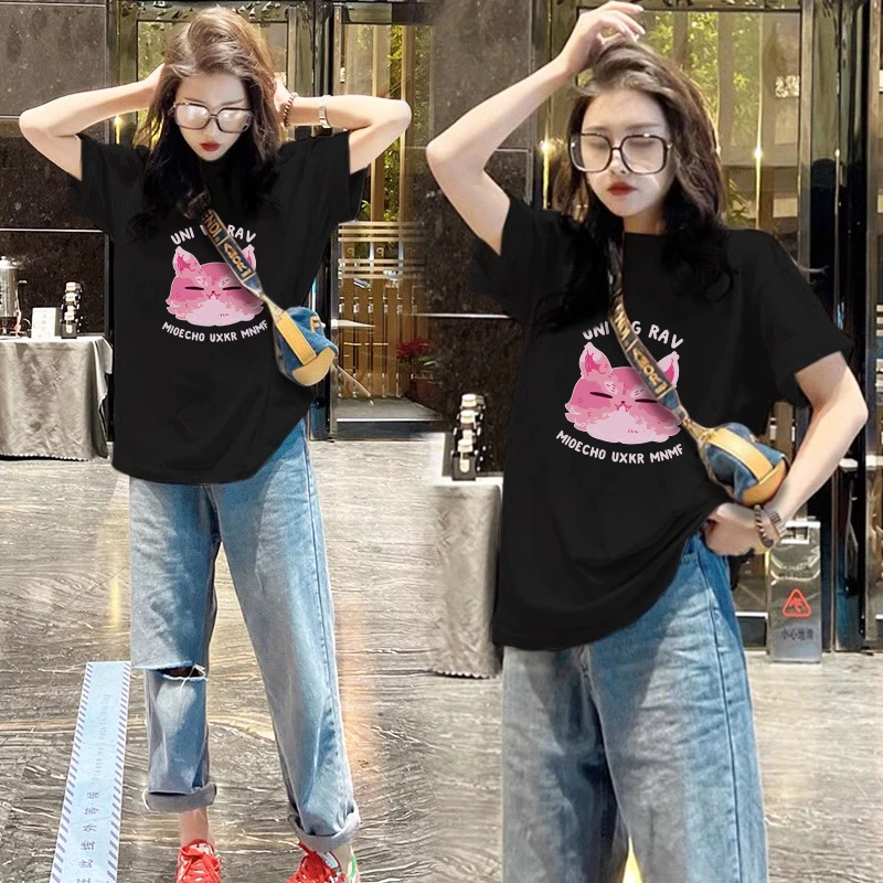 2025夏季新款纯棉大码遮肉显瘦宽松短袖时尚休闲印花百搭潮流上衣