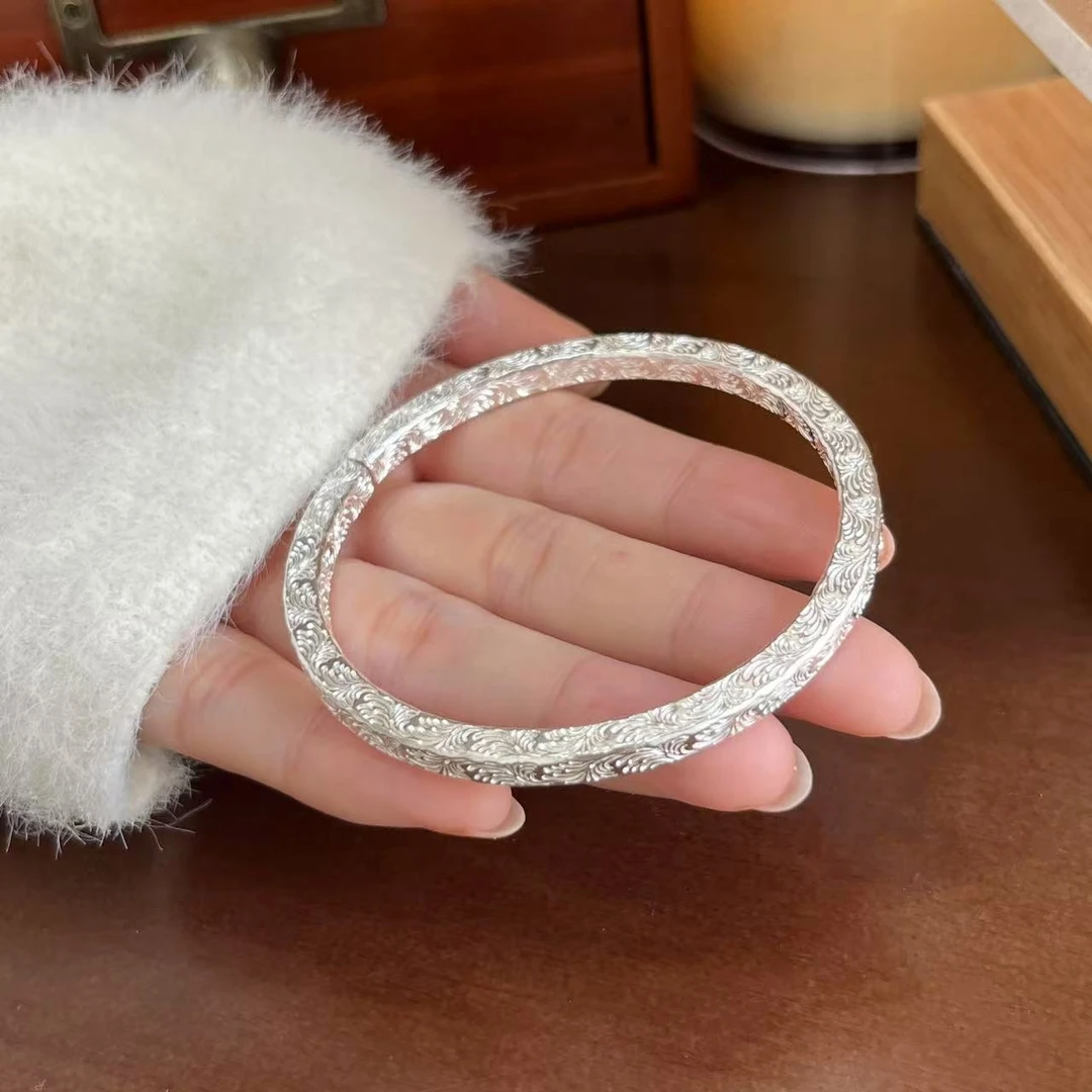 新款999足银卷草纹手镯年轻款实心开口方形银镯子国风送女友礼物