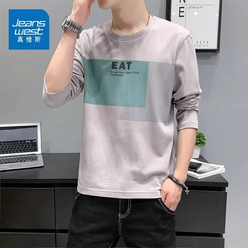Jeanswest/真维斯男士潮牌长袖T恤春秋季宽松纯棉休闲圆领打底衫