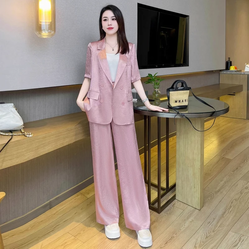 高级感缎面西装套装女薄款2025夏季新款气质西服显瘦阔腿裤两件套