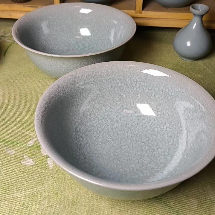 清凉寺汝瓷仿古釉纯手工窑变冰片撇口碗