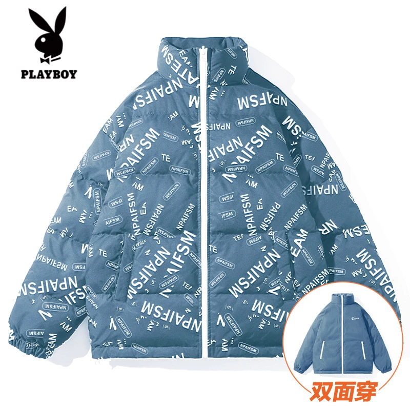 花花公子男装双面穿冬季羽绒服上衣情侣百搭宽松休闲立领潮牌男女