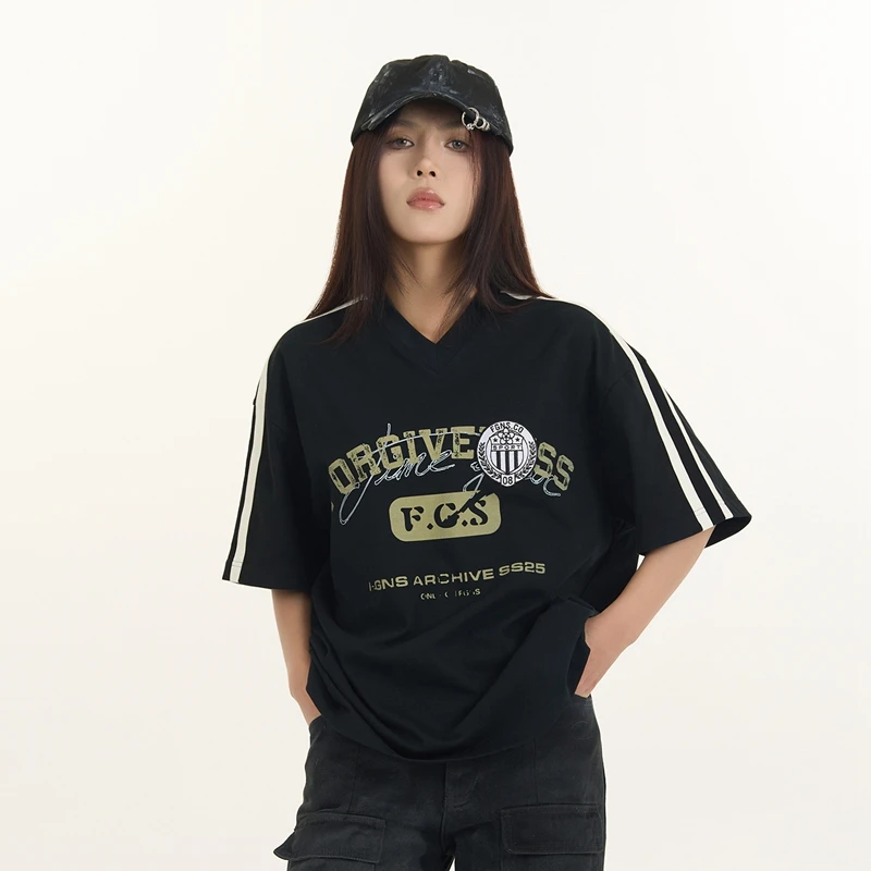 美式潮牌徽章数字排版贴布绣T恤复古短袖ins潮宽松ZB0136