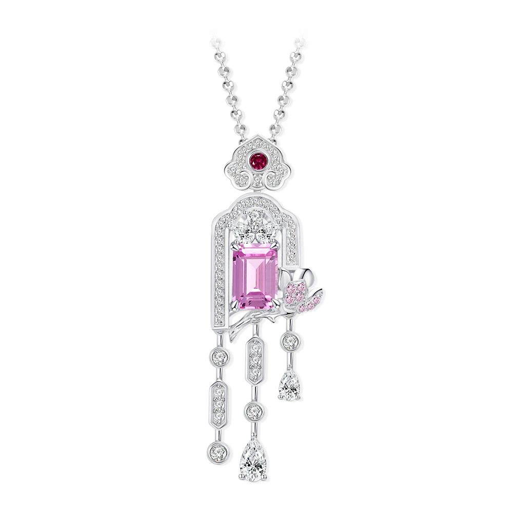 培育蓝宝石P4639【玉兰】满钻镶嵌粉色渐变色时尚气质花花单吊坠