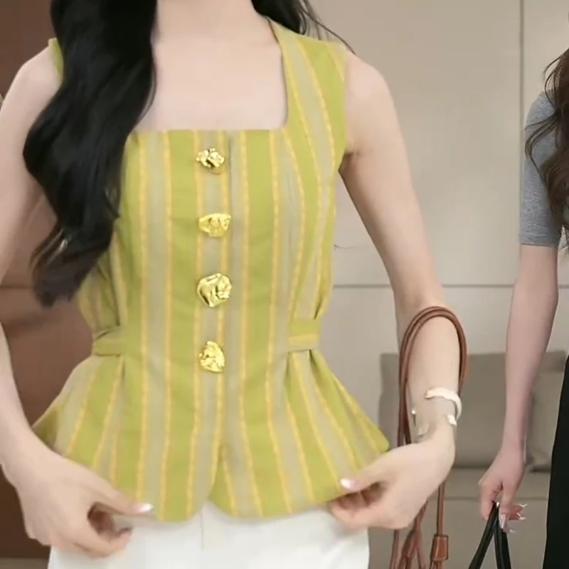 【慕夏青野】夏季新款老钱风时尚气质显瘦条纹无袖上衣LK2504931