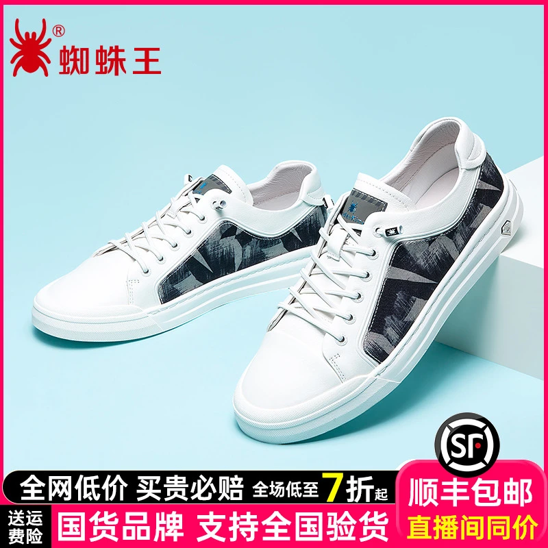 蜘蛛王板鞋男2024年春新款软底潮鞋青年牛皮薄款百搭小白鞋040643