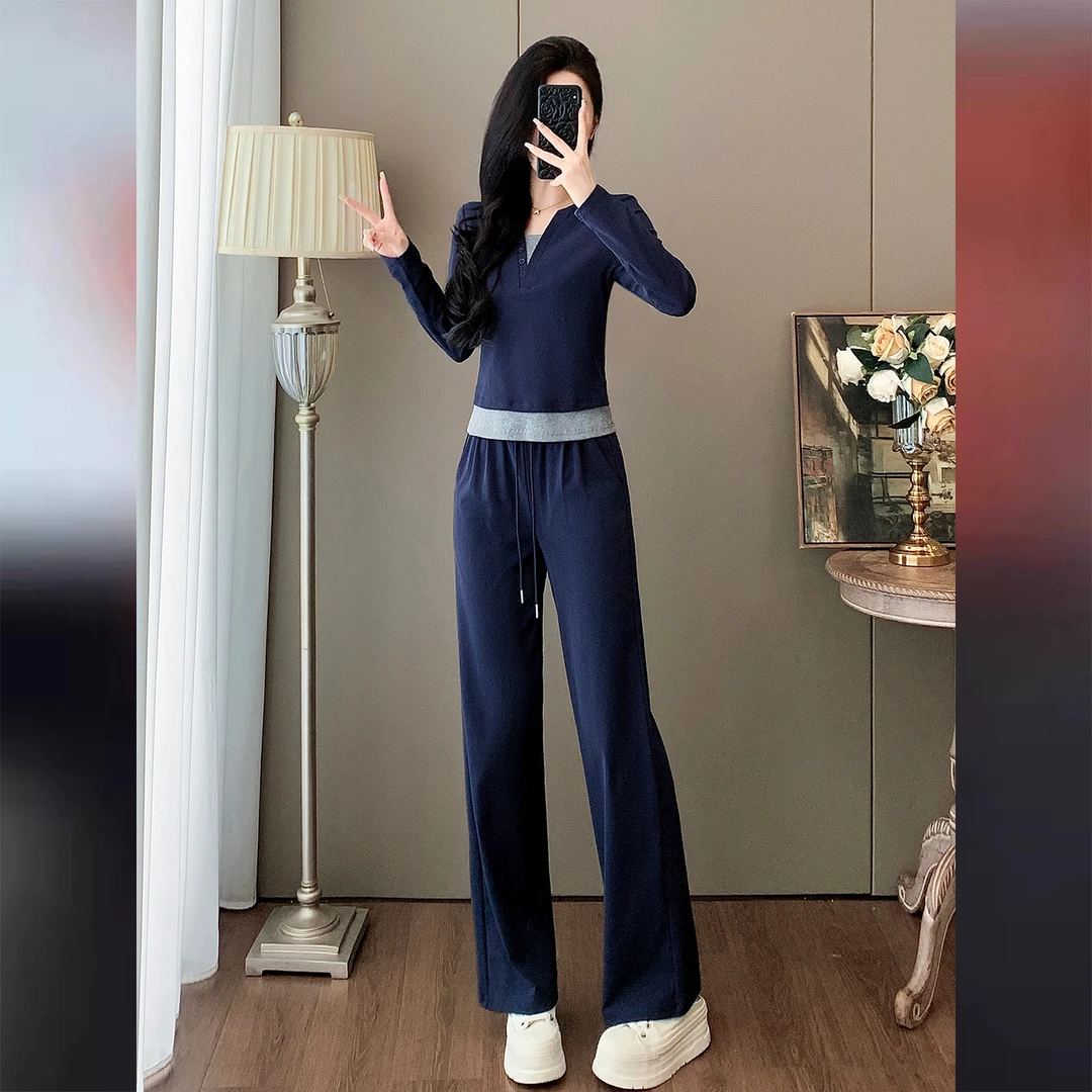 欧货宽松运动套装女早秋2025新款时尚简约假两件长袖阔腿裤两件套