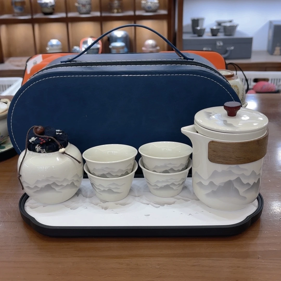 C19 旅行茶具套装水墨快客四杯加吸水盘加椭圆包