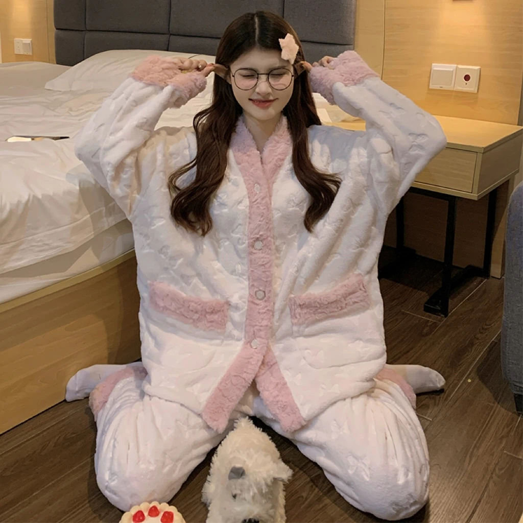 法兰绒秋冬加绒开衫毛绒压花甜美睡衣女可外穿家居服套装5069