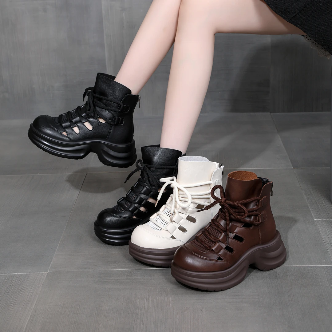 真皮透气马丁靴2025夏季新款透气软底轻便增高网纱短靴小个子凉靴