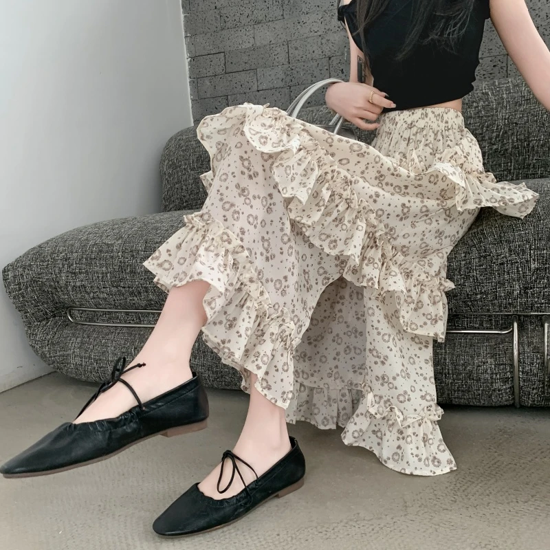 La Chapelle/拉夏贝尔春夏蛋糕碎花半身裙韩系风开叉花边摆A字裙