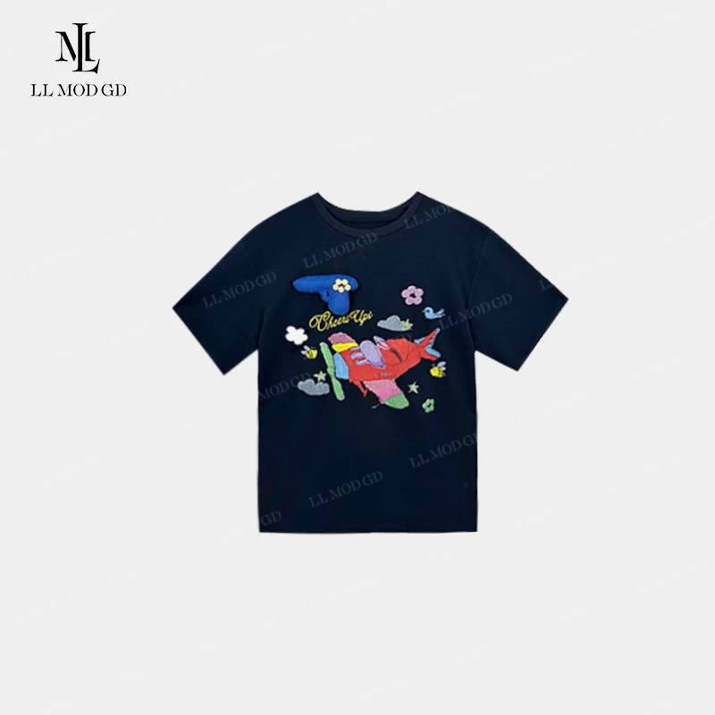 儿时的玩具箱 卡通涂鸦飞机印花立体玩具枪休闲宽松T恤YL-5000011