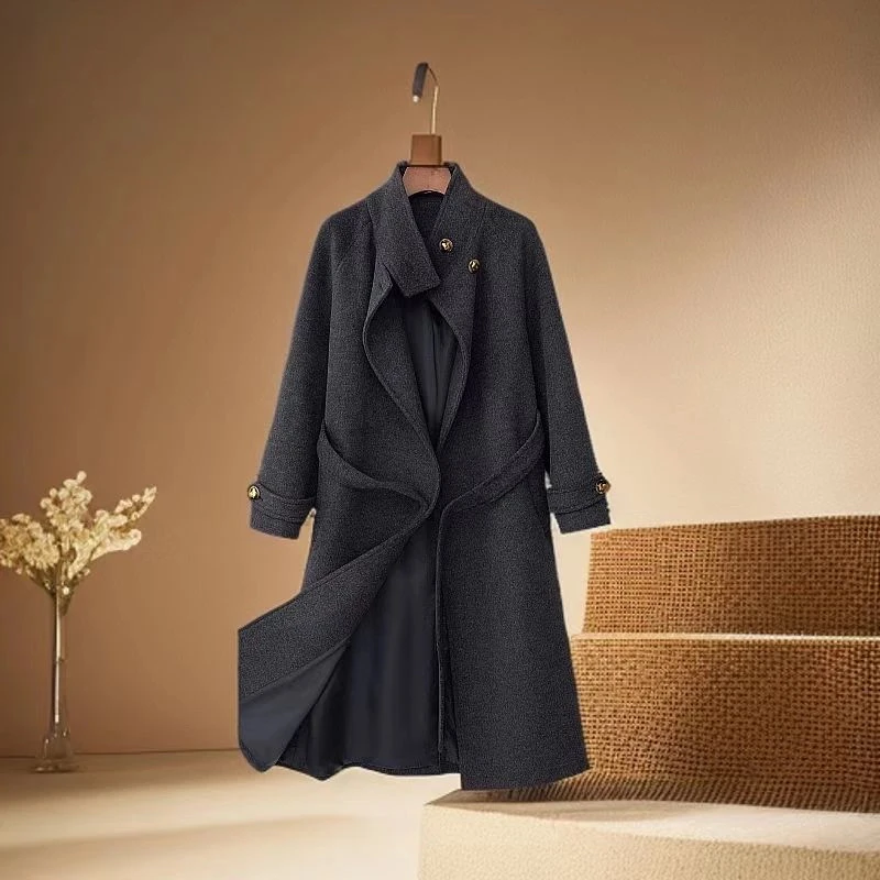 2025秋冬新款中长款立领大衣女气质百搭收腰过膝外套轻奢呢子