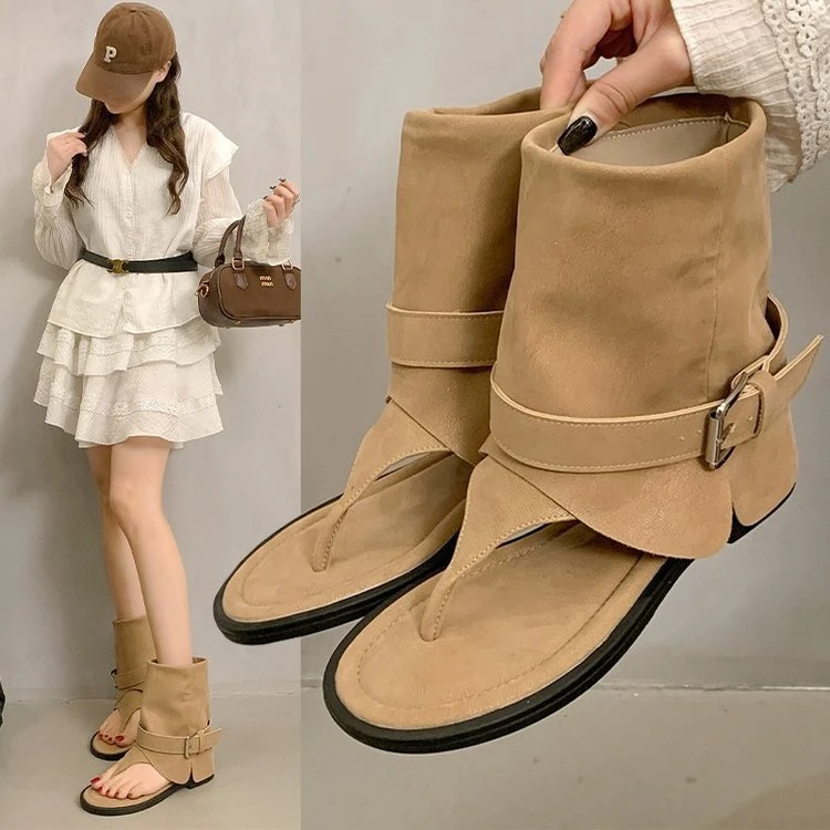 时尚夹趾凉靴套筒靴2025夏季新款百搭平底圆头个性罗马复古凉靴女