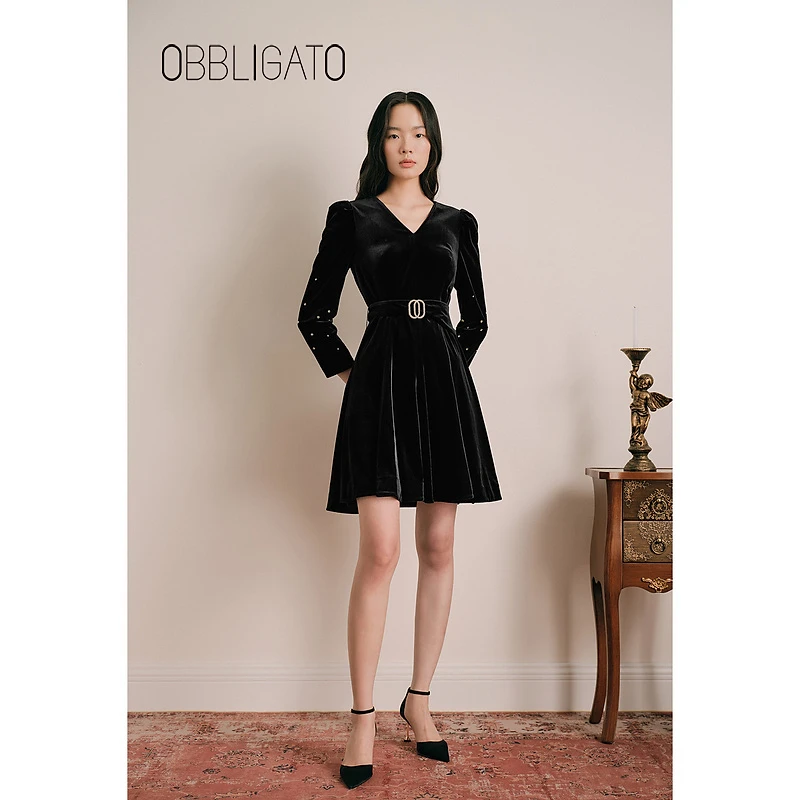 OBBLIGATO奥丽嘉朵秋季1C63305020专选丝绒优雅连衣裙