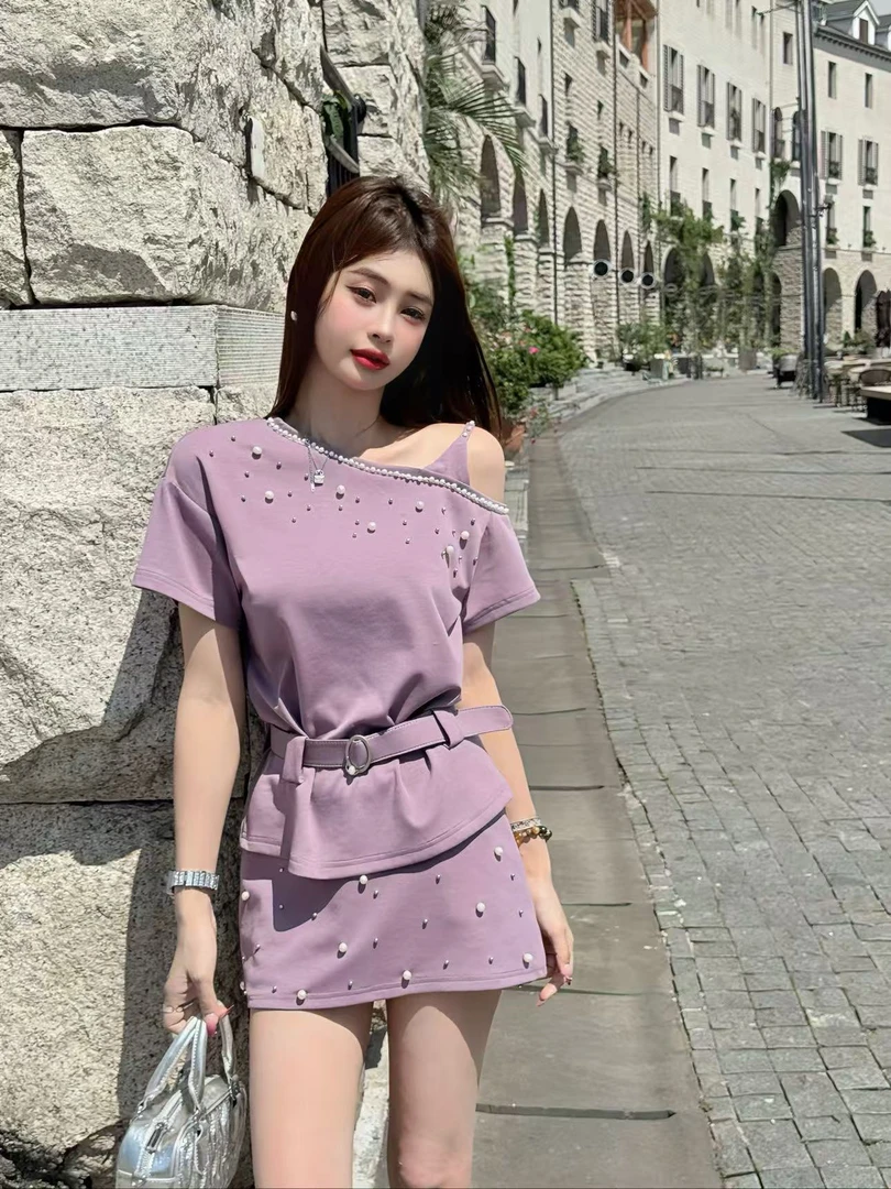 【十一家】原创新款小众设计重工钉珠时尚斜肩上衣+半裙两件套E3154