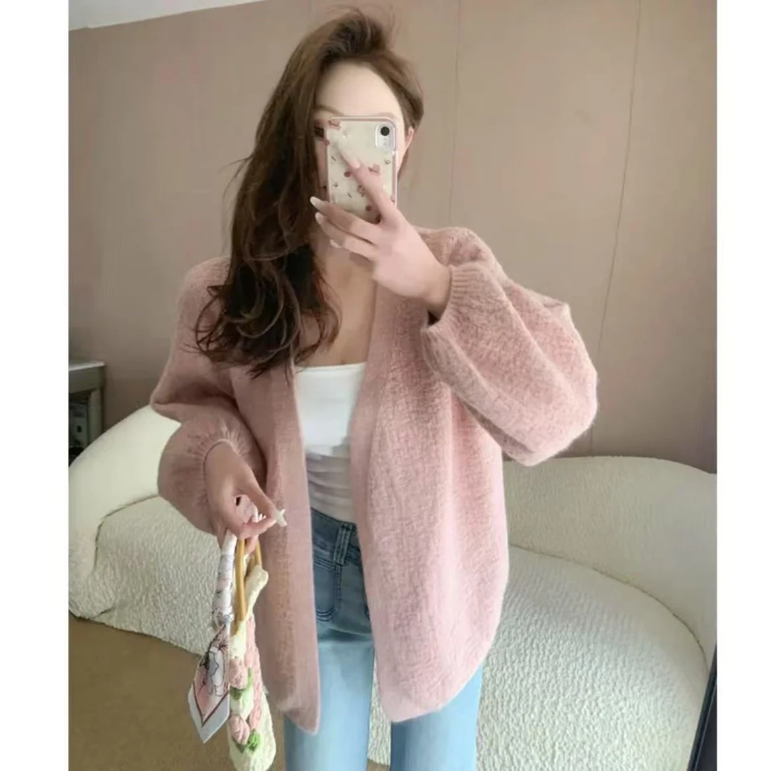 1161小兔绒韩版树皮纹工艺泡泡袖宽松春秋款针织开衫时尚新款百搭