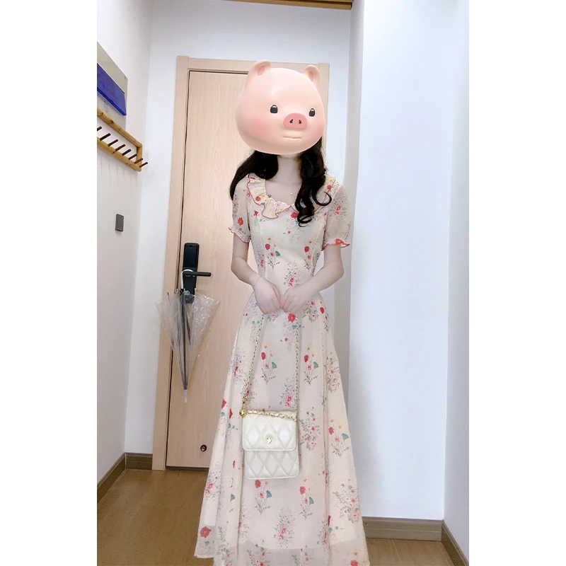 连衣裙2025夏季新款法式气质花边收腰显瘦圆领短袖中长款碎花裙子