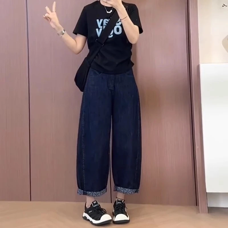 薄款牛仔裤女宽松阔腿裤夏大尺码弯刀裤小个子高腰九分裤显瘦老爹