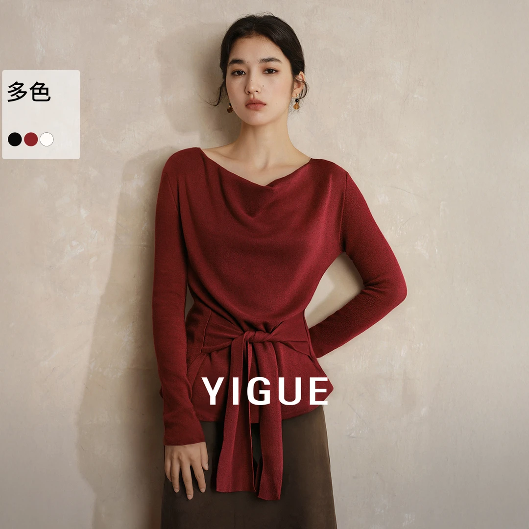 [达人专属]亦谷红色绑带收腰针织衫女款气质风荡领上衣G5WAZ467