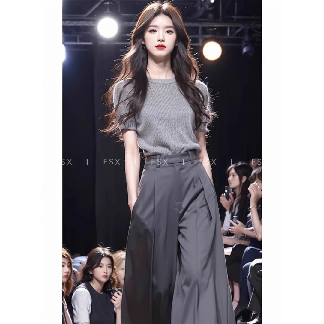 夏装搭配一整套小个子韩里韩气ootd减龄针织上衣阔腿裤两件套装女