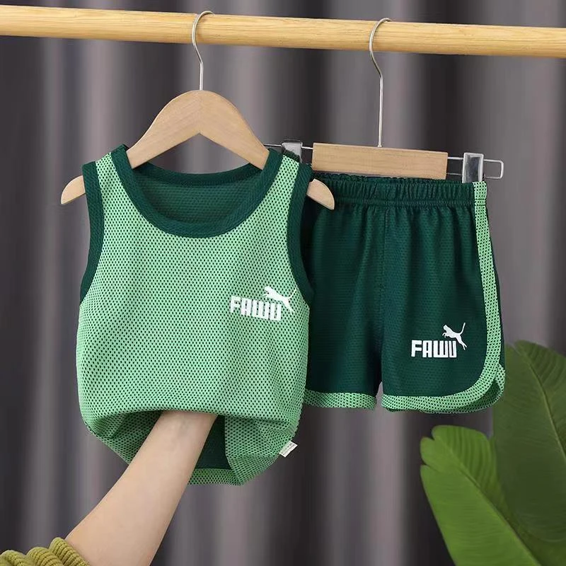 儿童背心套装夏季薄款网眼速干无袖两件套透气中小童运动时尚外穿
