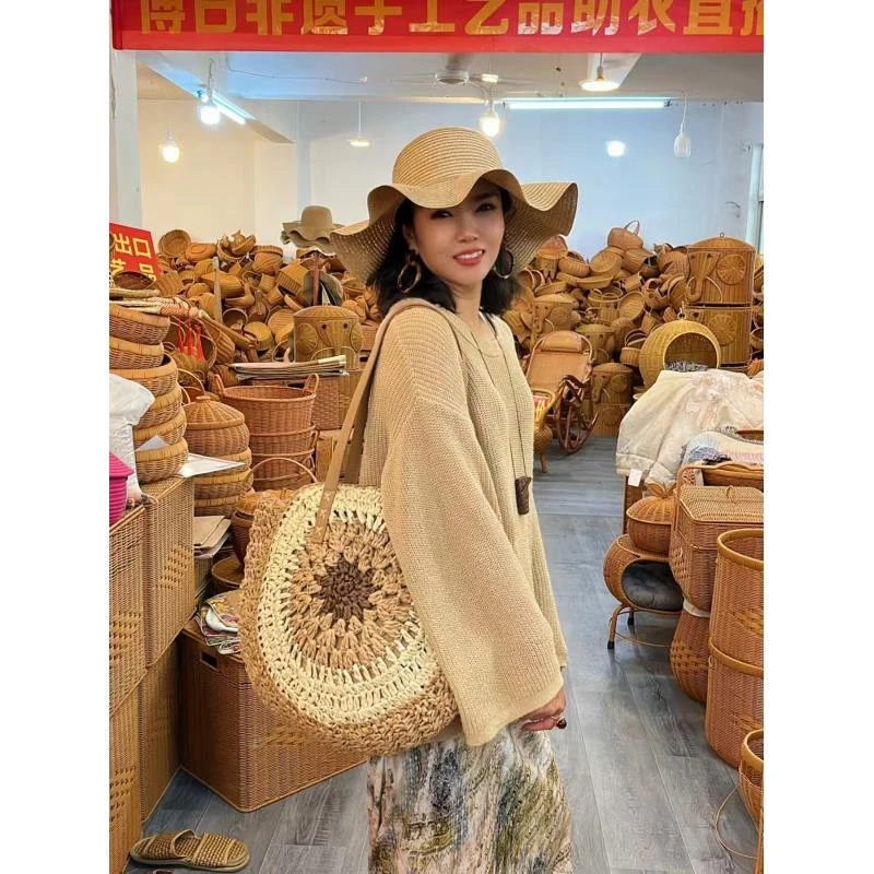 T053025新款夏季休闲户外大容量草编沙滩包手工编织单肩托特包