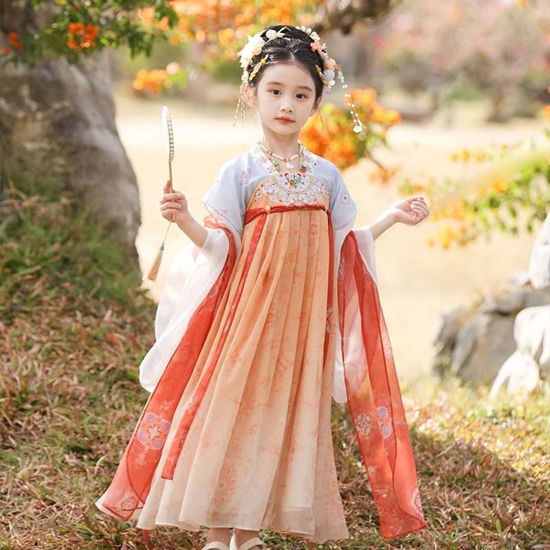 古月家.国色 汉服女童春秋儿童古风超仙薄款表演服女宝国风连衣裙