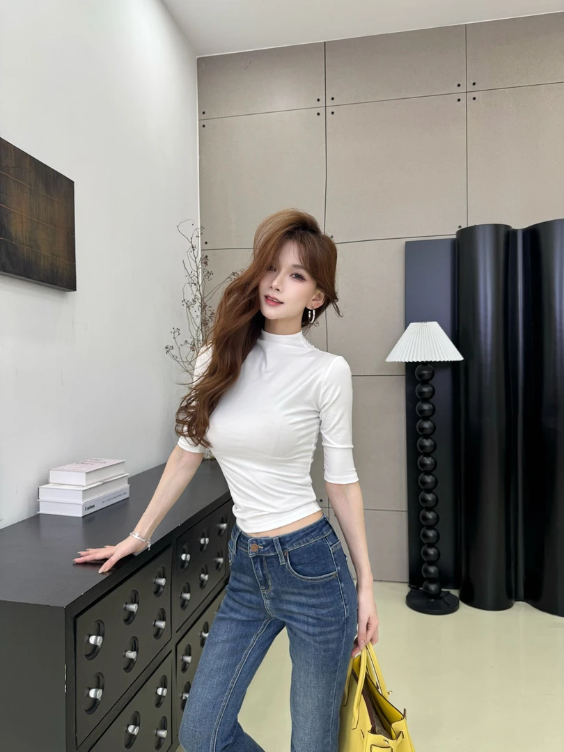 简约气质多色基础款打底衫半高领修身五分袖上衣女